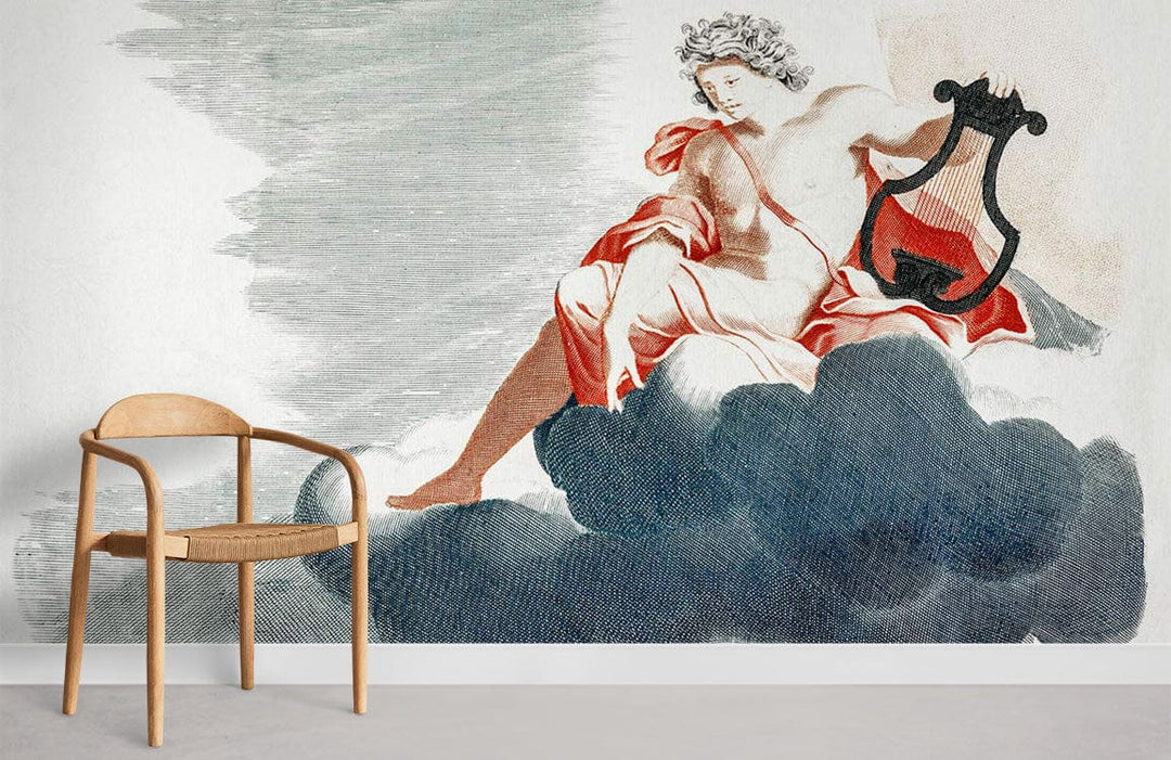 Classic Mythology Mural Wallpaper with clouds; wooden chair, minimalistic style, grey floor in room.