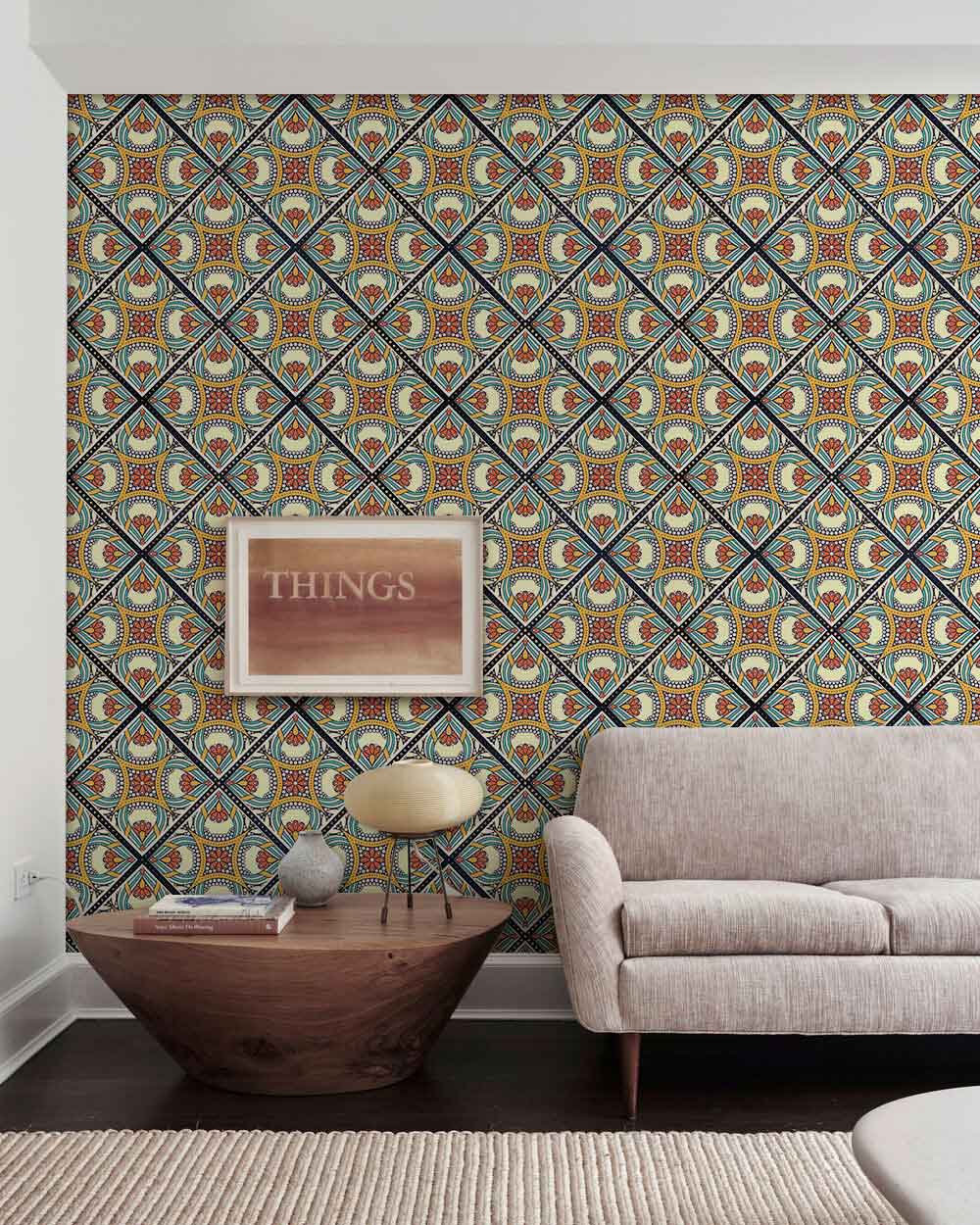 Vintage geometric tile pattern wallpaper, retro style, beige sofa, wooden coffee table, modern decor.