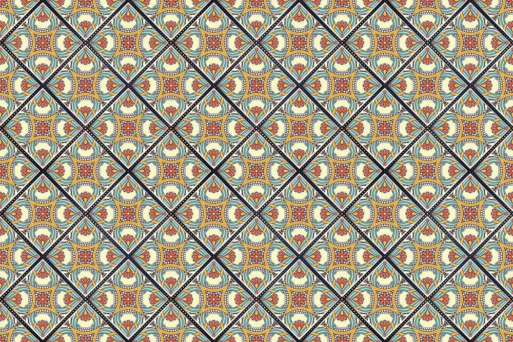 Vintage Geometric Tile Pattern Wallpaper in Vibrant Earthy Tones, Retro Style