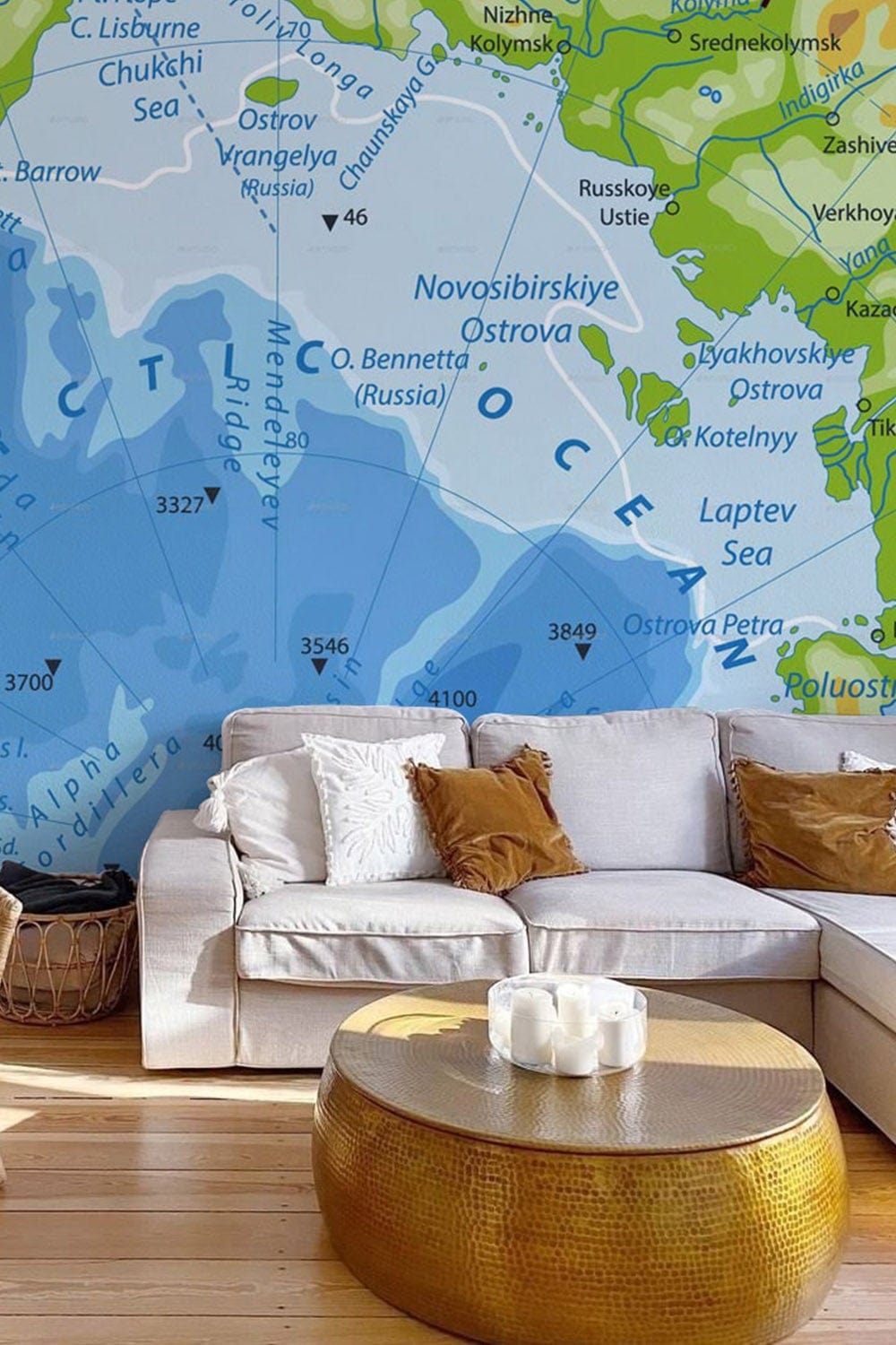 Blue Ocean Adventure Map Mural Wallpaper, Scandinavian style, beige sofa, wooden flooring, round gold table.