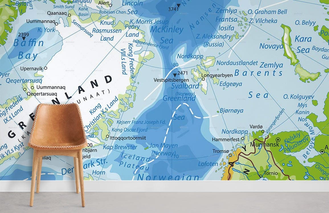 Blue Ocean Adventure Map Mural Wallpaper: Scandinavian Nautical Style with brown chair, grey floor.