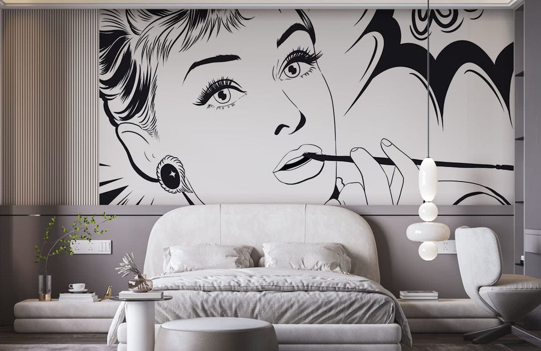 Monochrome retro pop art wall mural in stylish bedroom with grey tones, featuring modern decor.