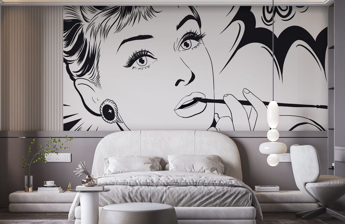 Monochrome retro pop art wall mural in stylish bedroom with grey tones, featuring modern decor.