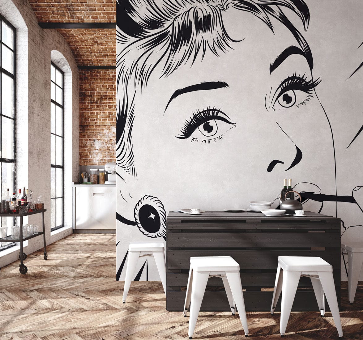 Monochrome retro mural in industrial kitchen with brick walls, wooden flooring, black table, and white stools.