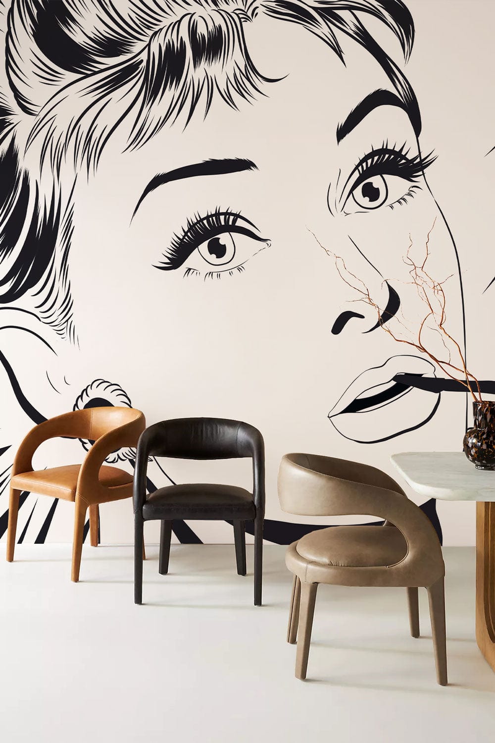 Monochrome retro pop art wallpaper, vintage comic style, modern chairs, neutral dining room decor.