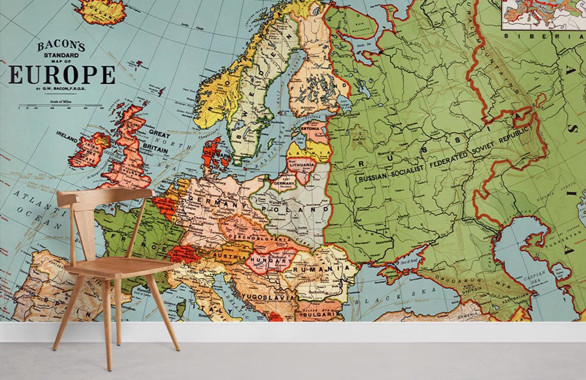 Vintage map mural wallpaper in living room with wooden chair and grey flooring, Classic Historical Design.