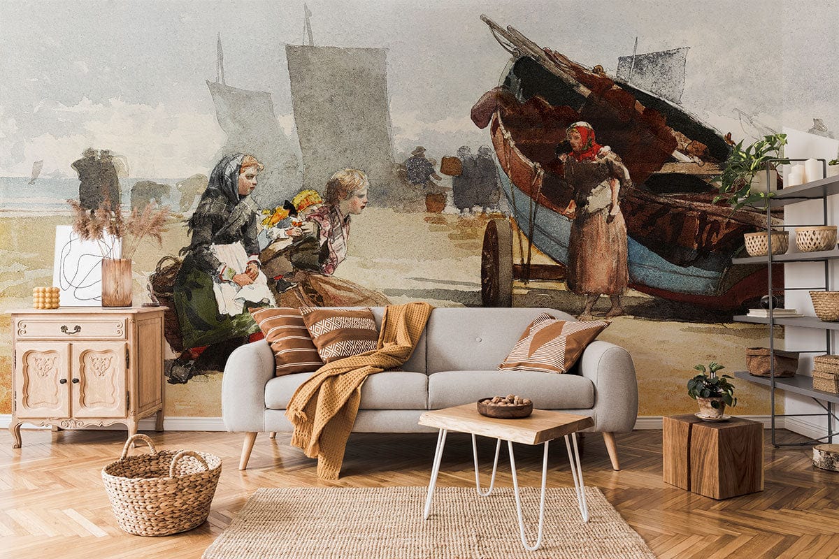 Vintage Seafaring Market Scene Mural Wallpaper; rustic earth tones; grey sofa; wooden flooring; cosy decor.