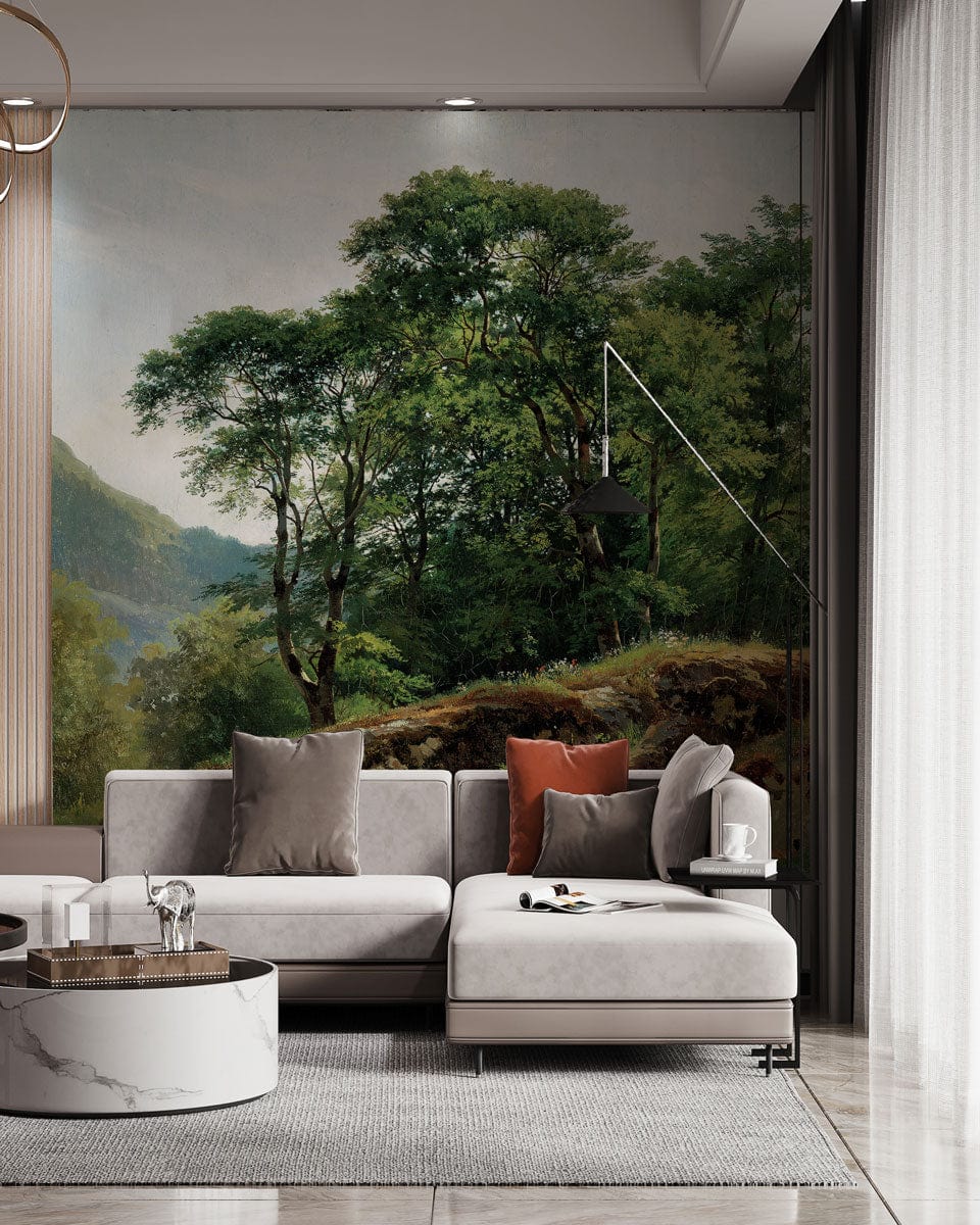 Tranquil Green Forest mural in stylish living room with modern beige sofa, marble coffee table, grey rug.