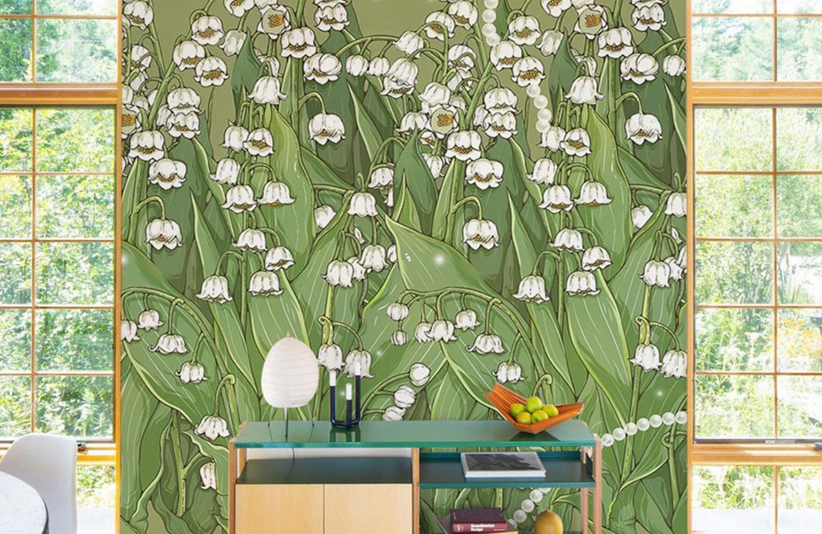 Elegant Green Lily of the Valley Wallpaper Mural in living room with modern furniture and large windows.