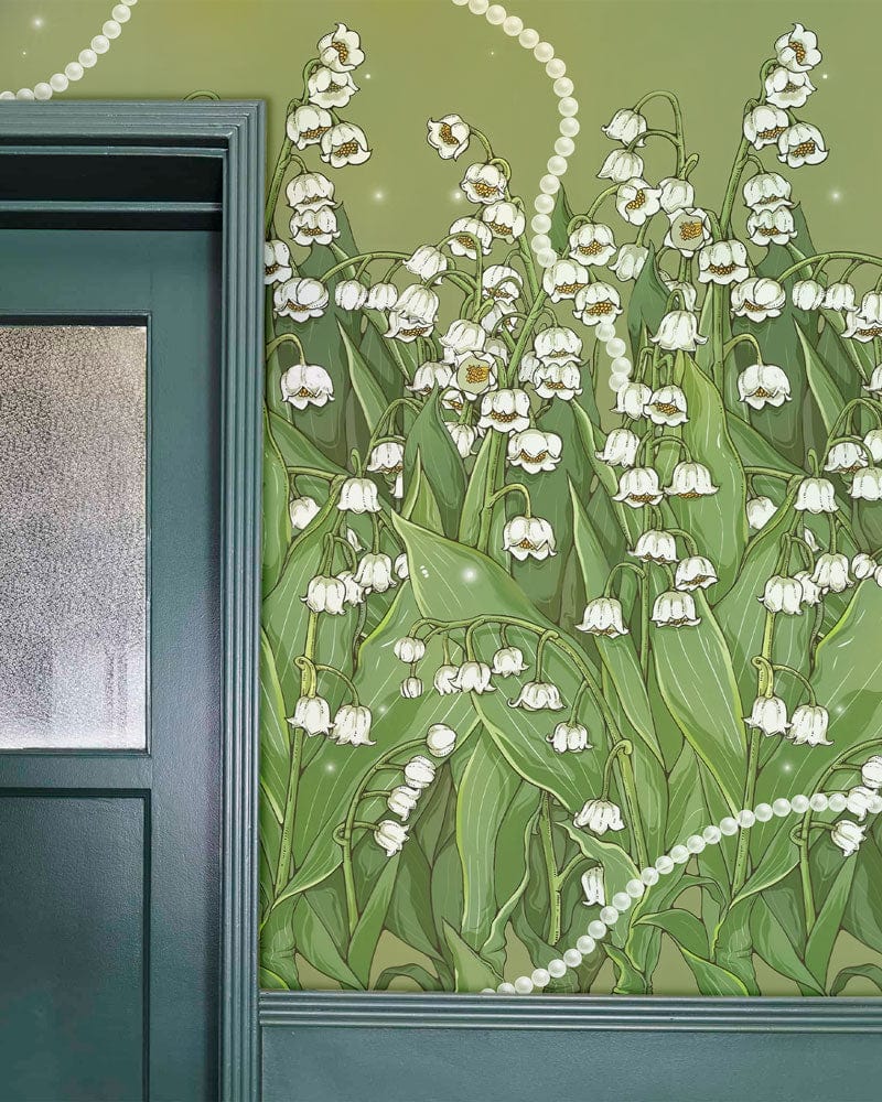 Elegant Green Lily of the Valley wallpaper, dark green panelling, classic interior wall Décor.