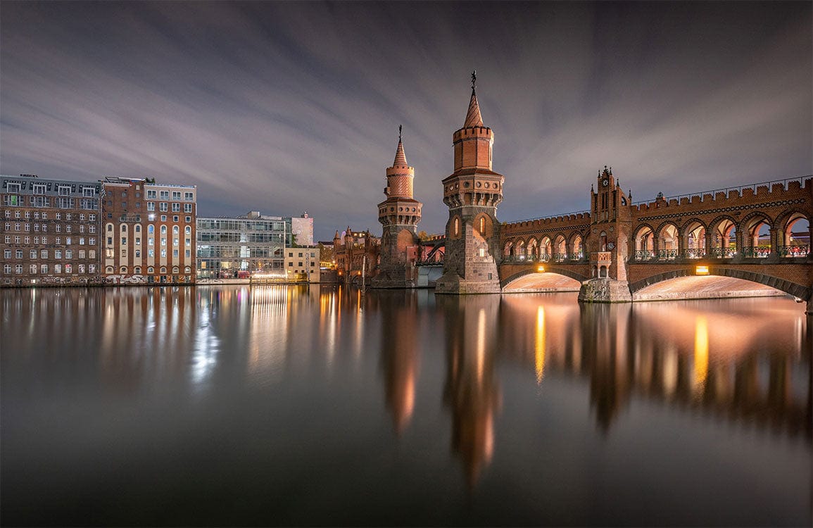 Majestic Berlin Cityscape Night Bridge Mural Wallpaper in Subtle Hues