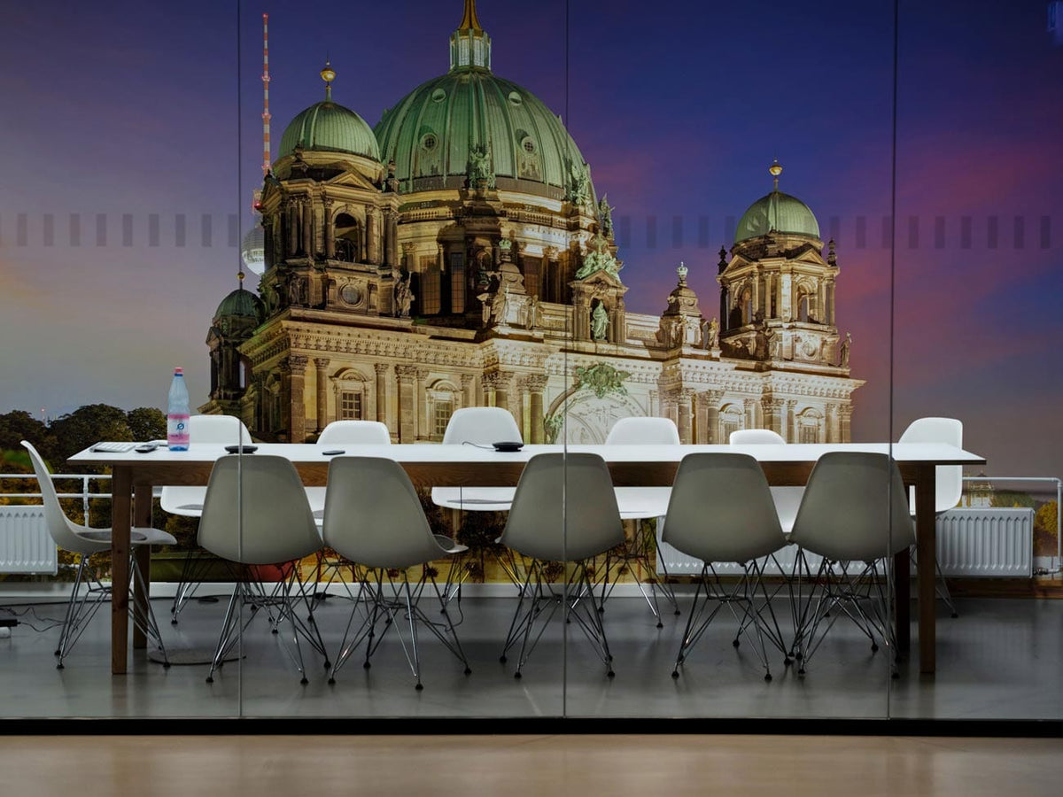 Majestic Architectural Cityscape Mural in vibrant tones with white chairs, wooden table, modern conference room.