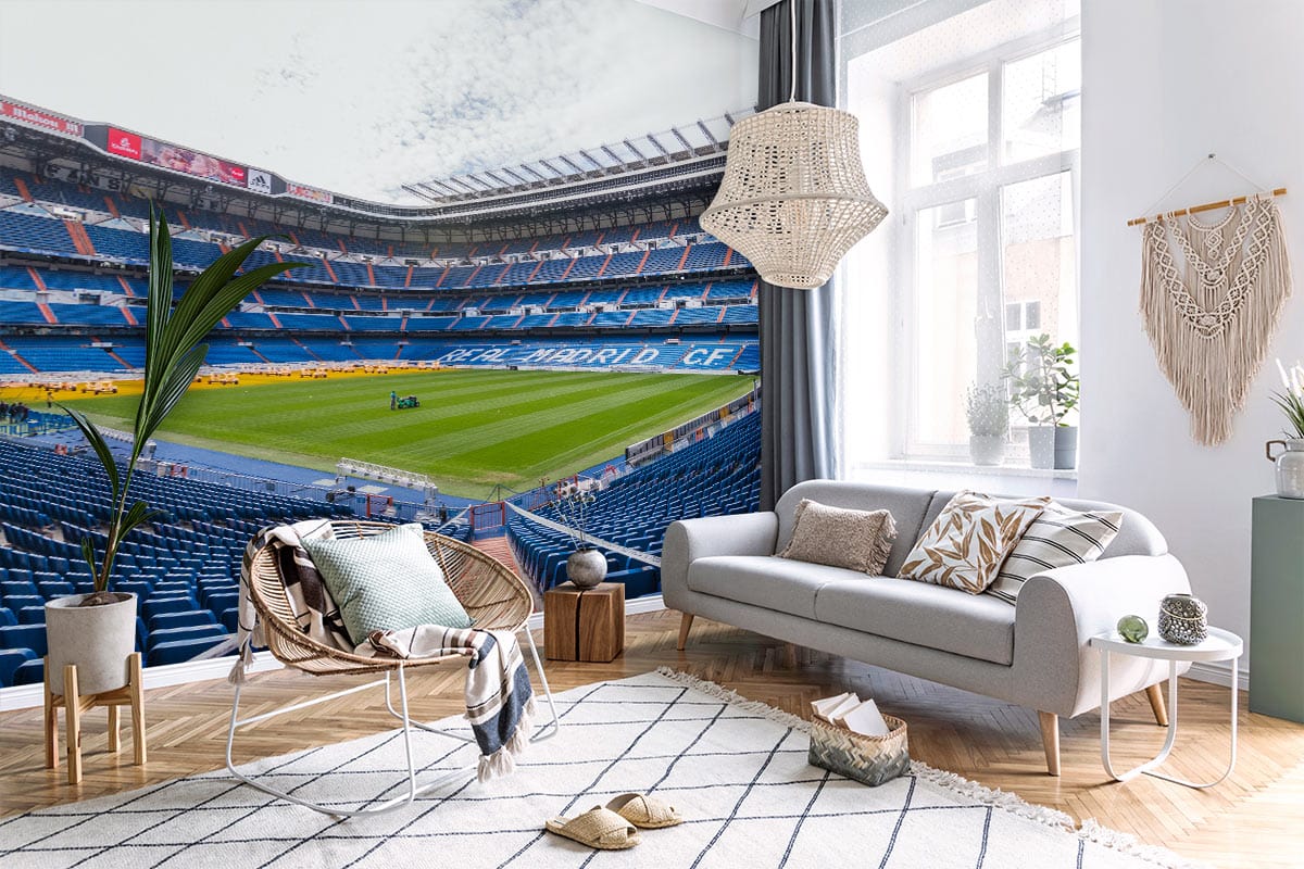 Vibrant Blue Sports Stadium Mural Wallpaper; modern living room with grey sofa, wooden flooring.