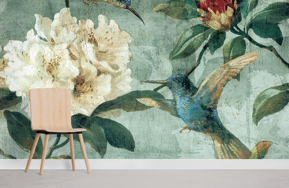 Vintage teal floral mural wallpaper with hummingbirds, wooden chair, botanical art decoration.