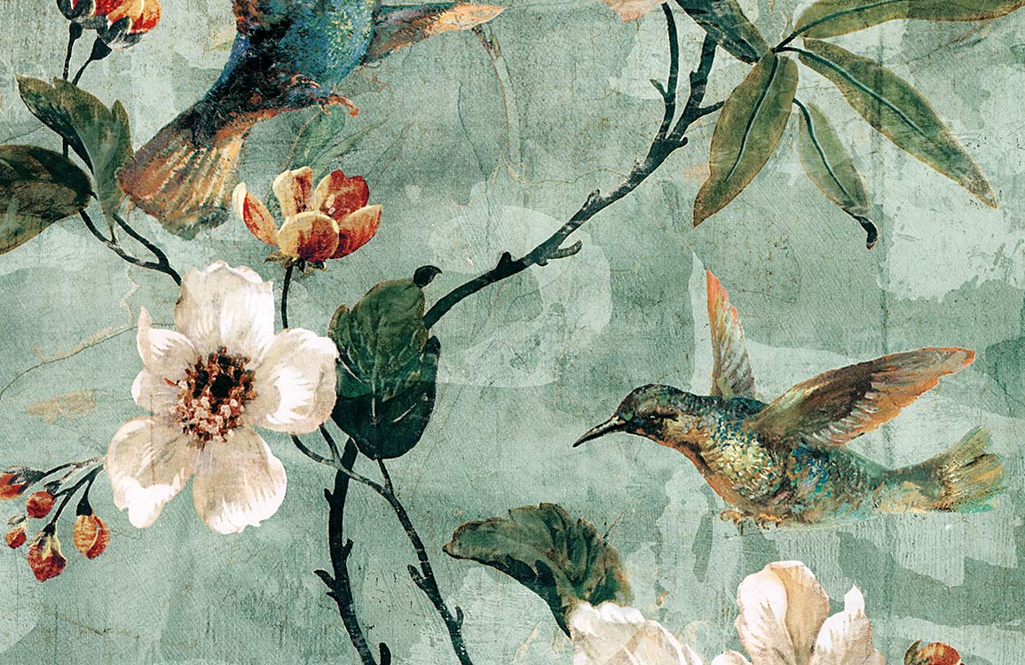 Vintage Botanical Hummingbird Mural Wallpaper in Soft Green and Floral Design
