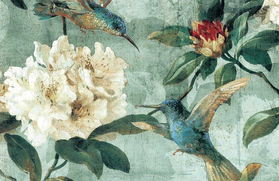 Vintage Teal Floral Hummingbird Mural Wallpaper - Botanical Art Decoration