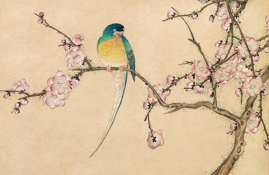 Elegant Vintage Bird and Blossom Mural Wallpaper in Soft Pastel Colours