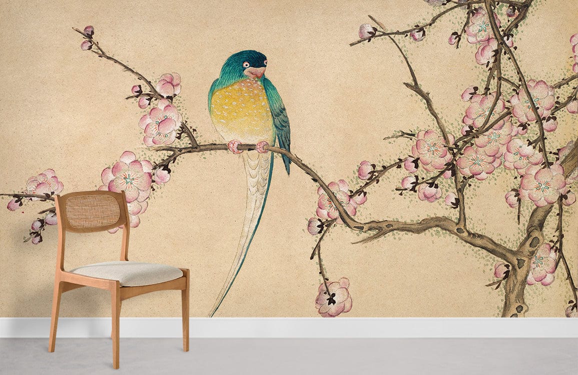 Elegant vintage bird and blossom mural wallpaper, pastel tones, wooden chair, neutral floor, wall art.