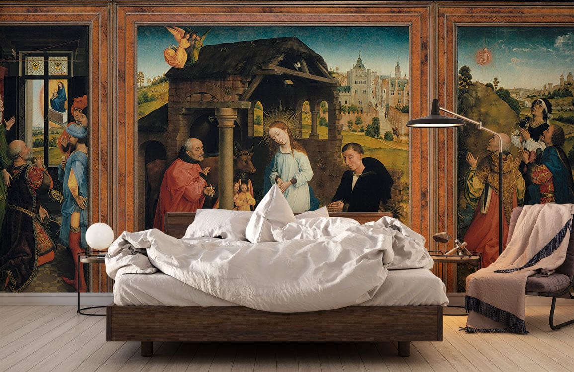 Renaissance-style triptych mural wallpaper in a bedroom with wooden flooring, modern bed, and floor lamp.