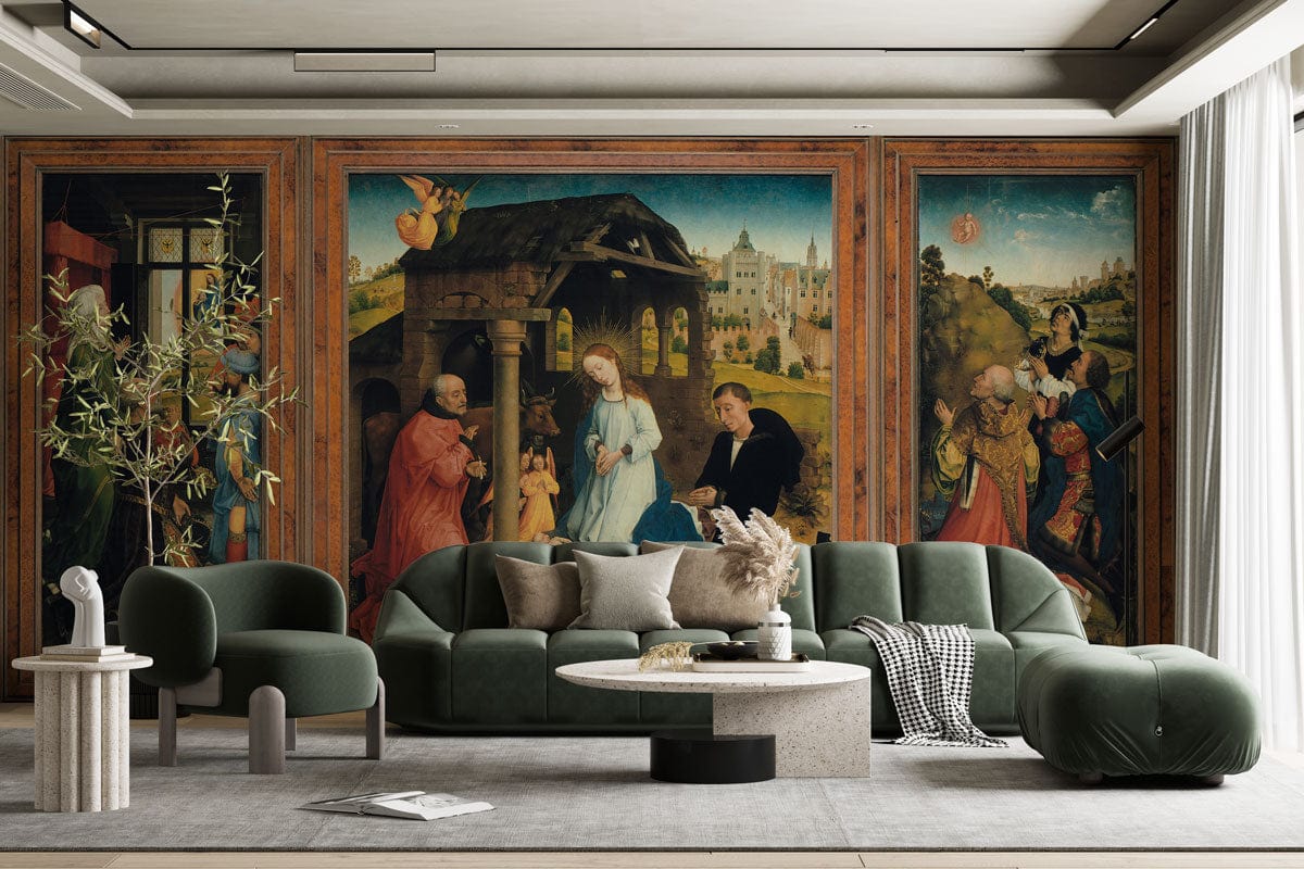 Renaissance-style triptych mural wallpaper, vibrant scenes, green velvet sofas, modern beige tables, living room.