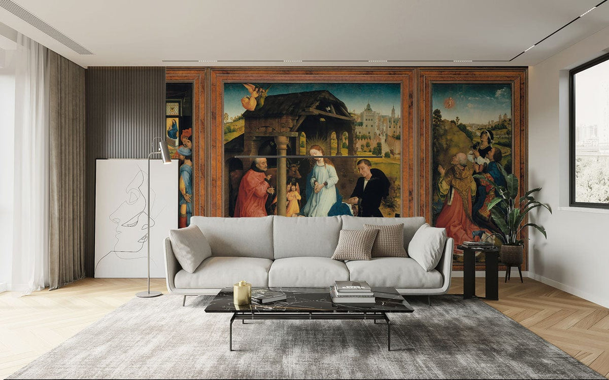Renaissance-style triptych mural wallpaper, beige sofa, modern living room, hardwood flooring, vibrant historical scenes.