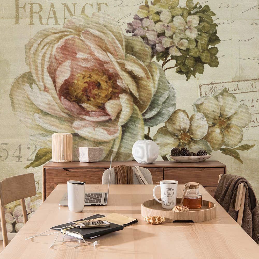 Vintage Botanical Garden Mural Wallpaper: Pastel Floral Elegance, dining room, wooden table, beige chairs.