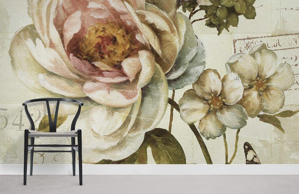 Vintage Botanical Garden Mural Wallpaper in pastel elegance, featuring floral design and modern black chair.