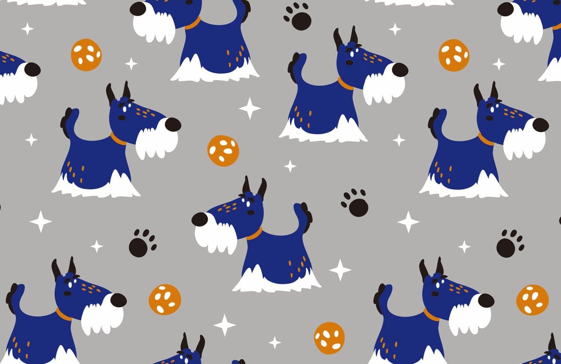 Playful Blue Terrier Dog Pattern Wallpaper - Grey Background Décor