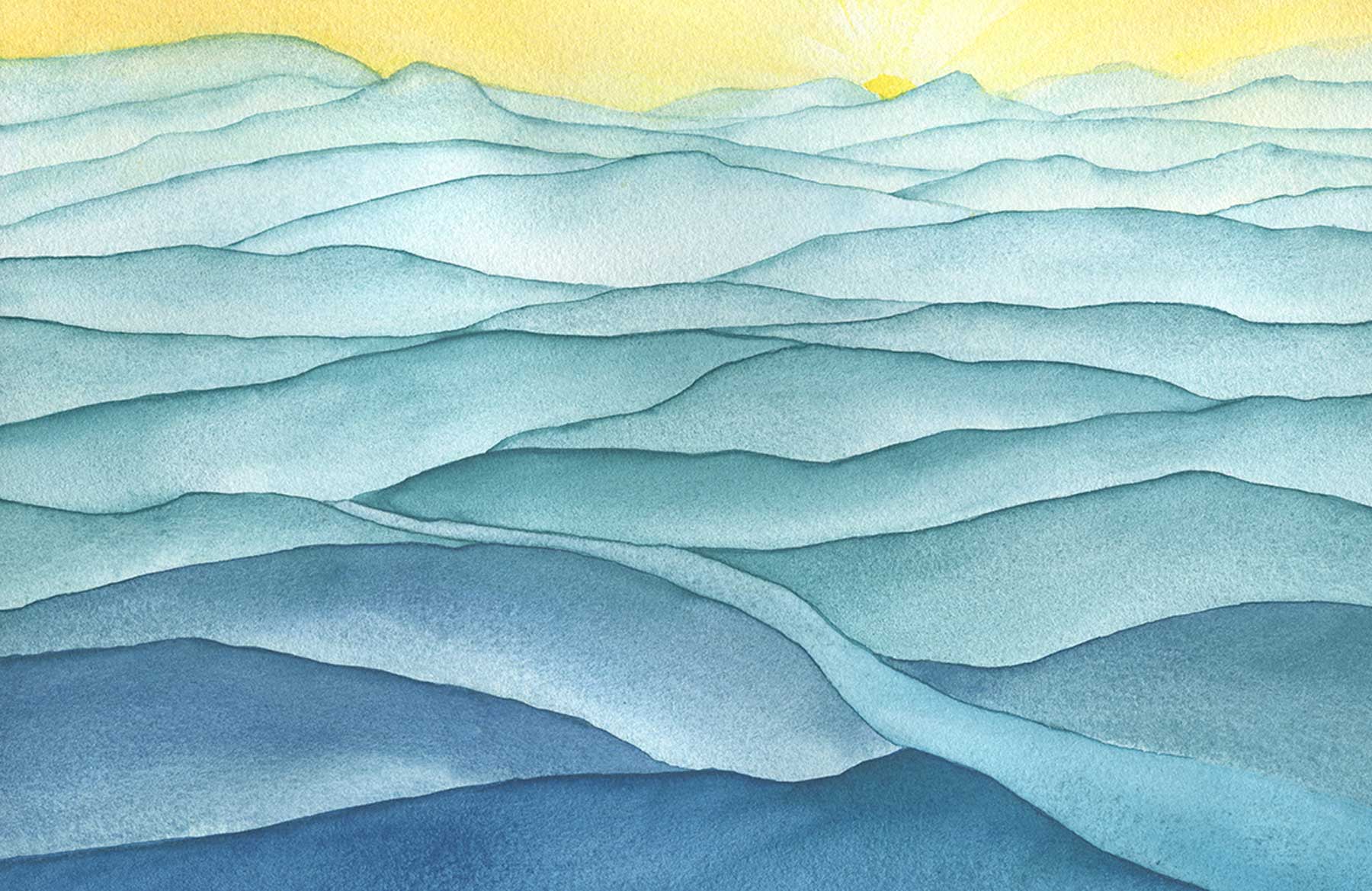 Serene Blue Watercolour Mountain Landscape Mural Wallpaper for Relaxing Spaces