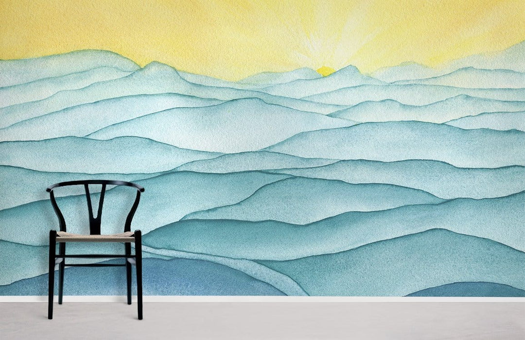 Serene Blue Mural Wallpaper with Chair, Light Grey Flooring in Relaxing Room, Watercolour Mountain Design.