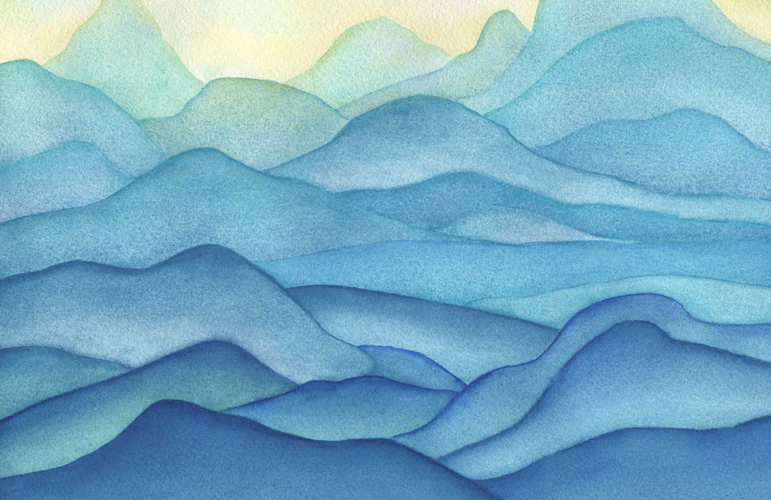Tranquil Blue Watercolour Mountain Landscape Mural Wallpaper Art Design