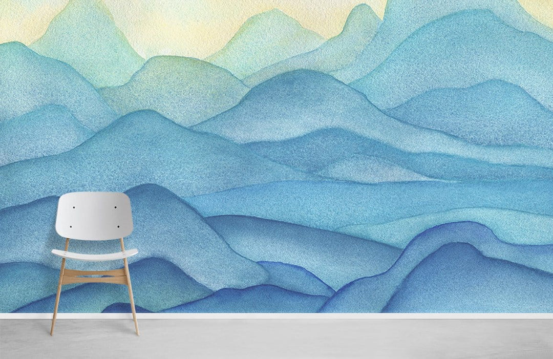 Tranquil blue watercolour mountain mural, white chair, light grey flooring, stylish contemporary wall design.