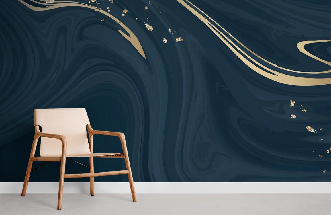 Elegant dark teal and gold marble swirl mural with wooden chair on light grey flooring.