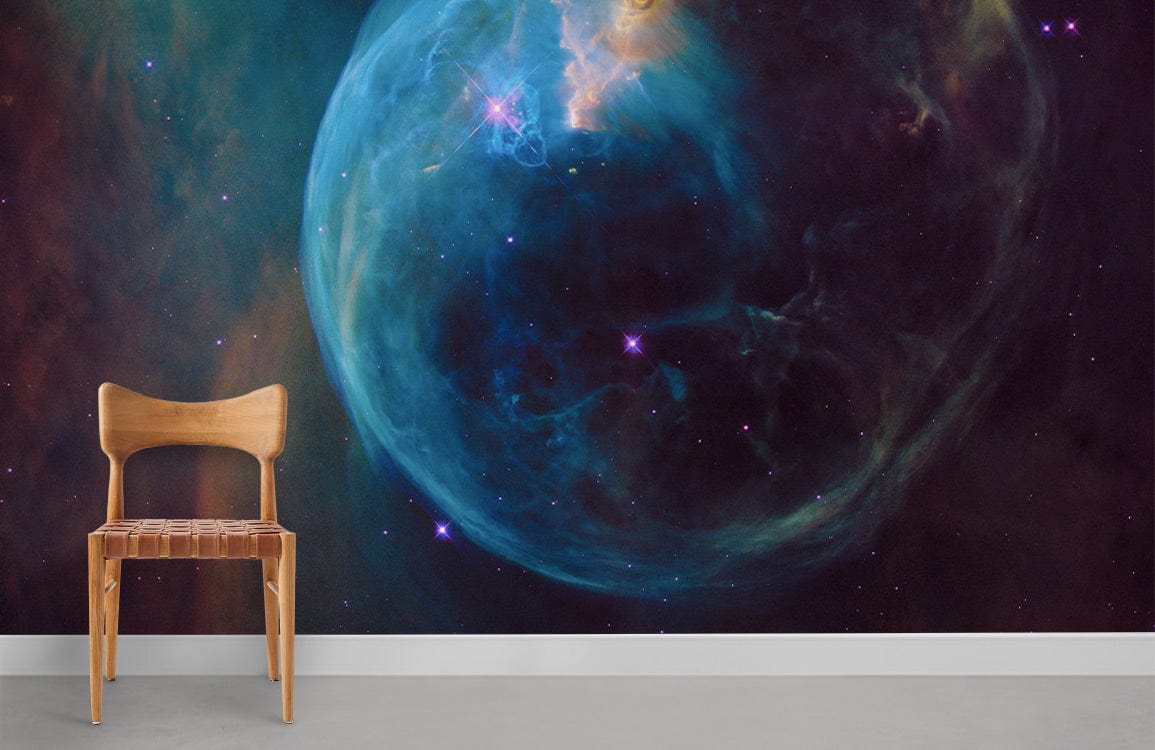 Celestial Galaxy Mural Wallpaper, Cosmic Blue, wooden chair, grey floor, modern interior design backdrop.