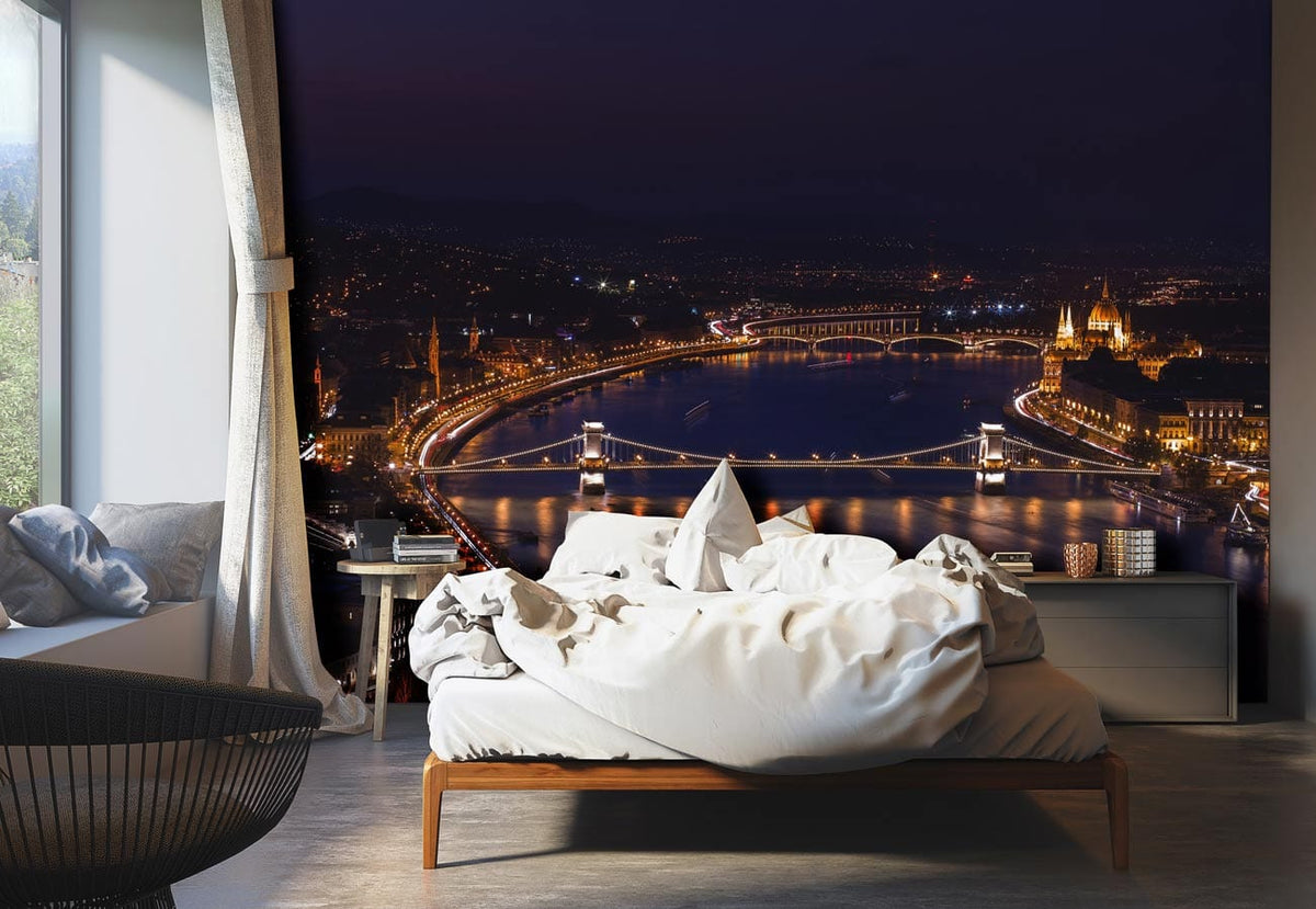Enchanting river cityscape mural wallpaper, ambient room setting, contemporary bed, light grey flooring, elegant decor.