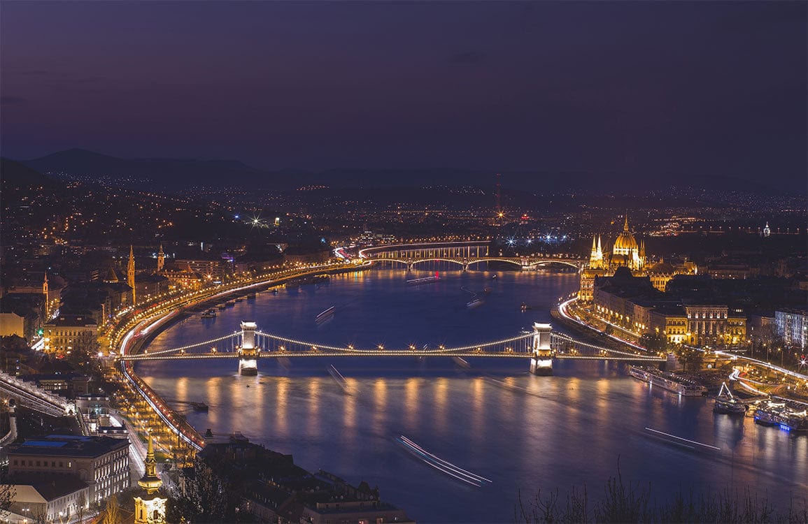 Enchanting Nighttime River Cityscape Mural Wallpaper with Illuminated Bridges
