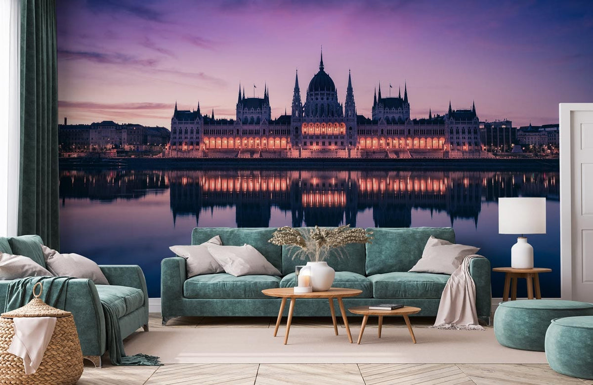 Majestic Budapest Twilight mural wallpaper in purple with green sofas, elegant living room decor, wooden flooring.