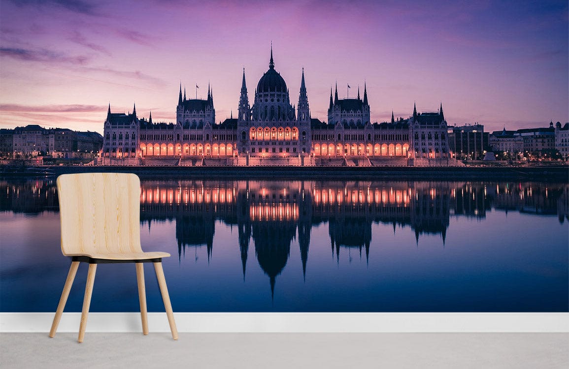 Majestic Budapest architecture mural in purple, minimalist chair, light grey flooring, serene living room.