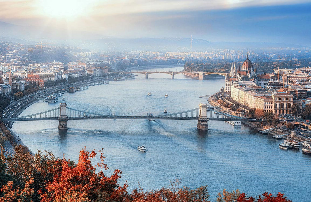 Panoramic Budapest River View Mural Wallpaper in Vibrant Autumn Colours