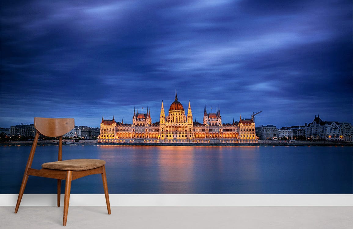 Majestic Nightscape mural wallpaper with illuminated landmark, wooden chair, white wall, modern living room.