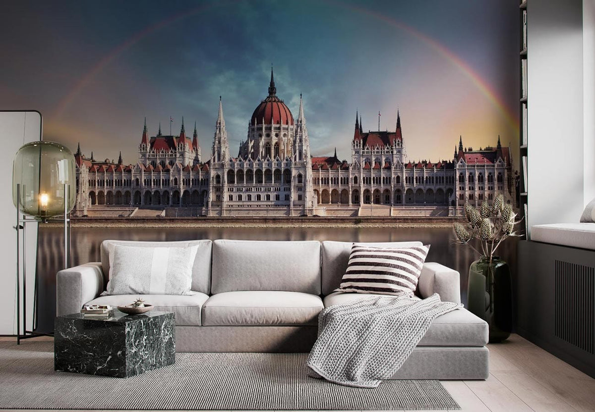 Majestic Hungarian Parliament mural wallpaper with grey sofa, marble coffee table, and stylish Décor in living room.
