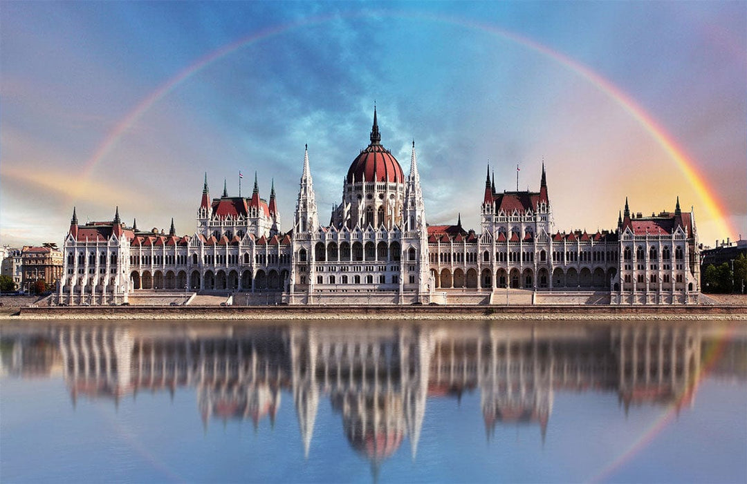 Majestic Hungarian Parliament Mural Wallpaper: Architectural Beauty in Serene Rainbow Reflection