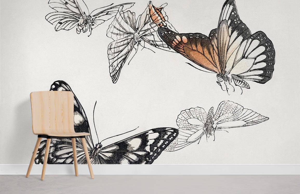 Elegant Black and White Butterfly Mural Wallpaper with Vintage Design, wooden chair, minimalist room style.