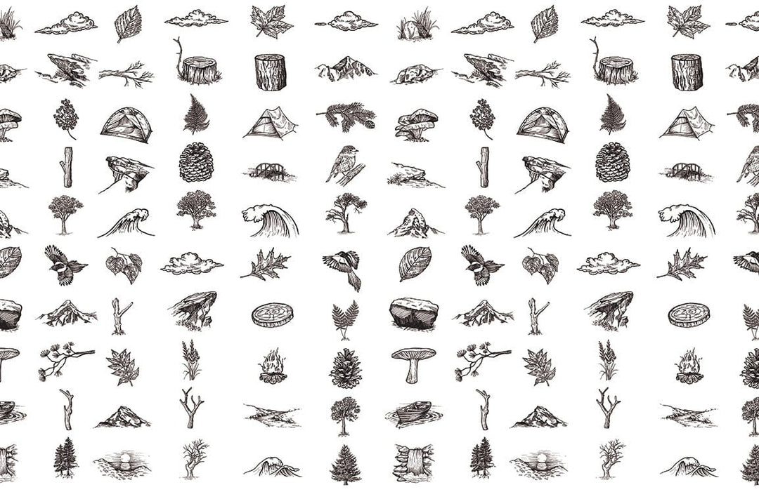 Monochrome Vintage Wilderness Sketch Pattern Wallpaper - Nature-Inspired Rustic Decor