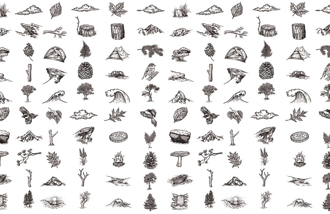 Monochrome Vintage Wilderness Sketch Pattern Wallpaper - Nature-Inspired Rustic Decor
