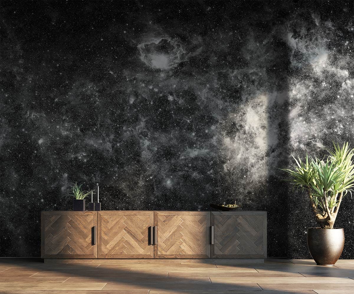 Cosmic Galaxy Nebula Wallpaper features, wooden cabinet, tiled flooring, stylish astronomical room decor.