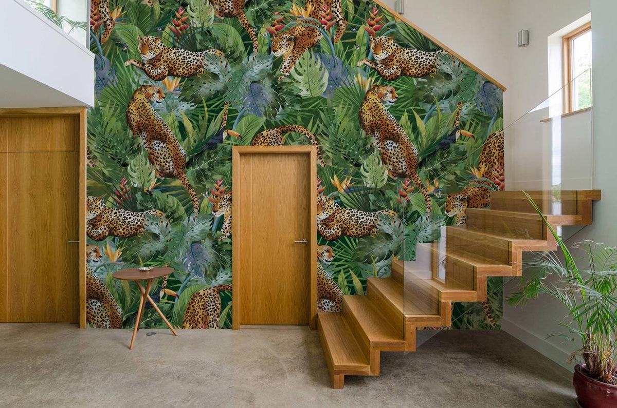 Tropical Jungle Safari Wallpaper with leopards, lush greenery, wooden stairs, concrete floor, modern hallway design.