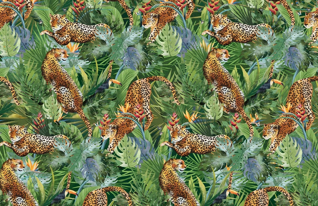 Tropical Jungle Safari Wallpaper with Vibrant Leopards and Lush Greenery Design.