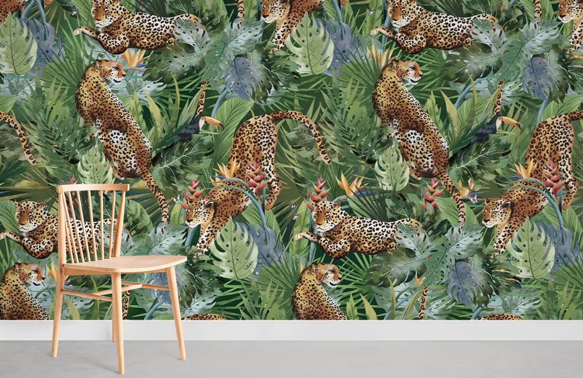 Tropical Jungle Safari wallpaper with leopards, greenery, and wooden chair on grey flooring.