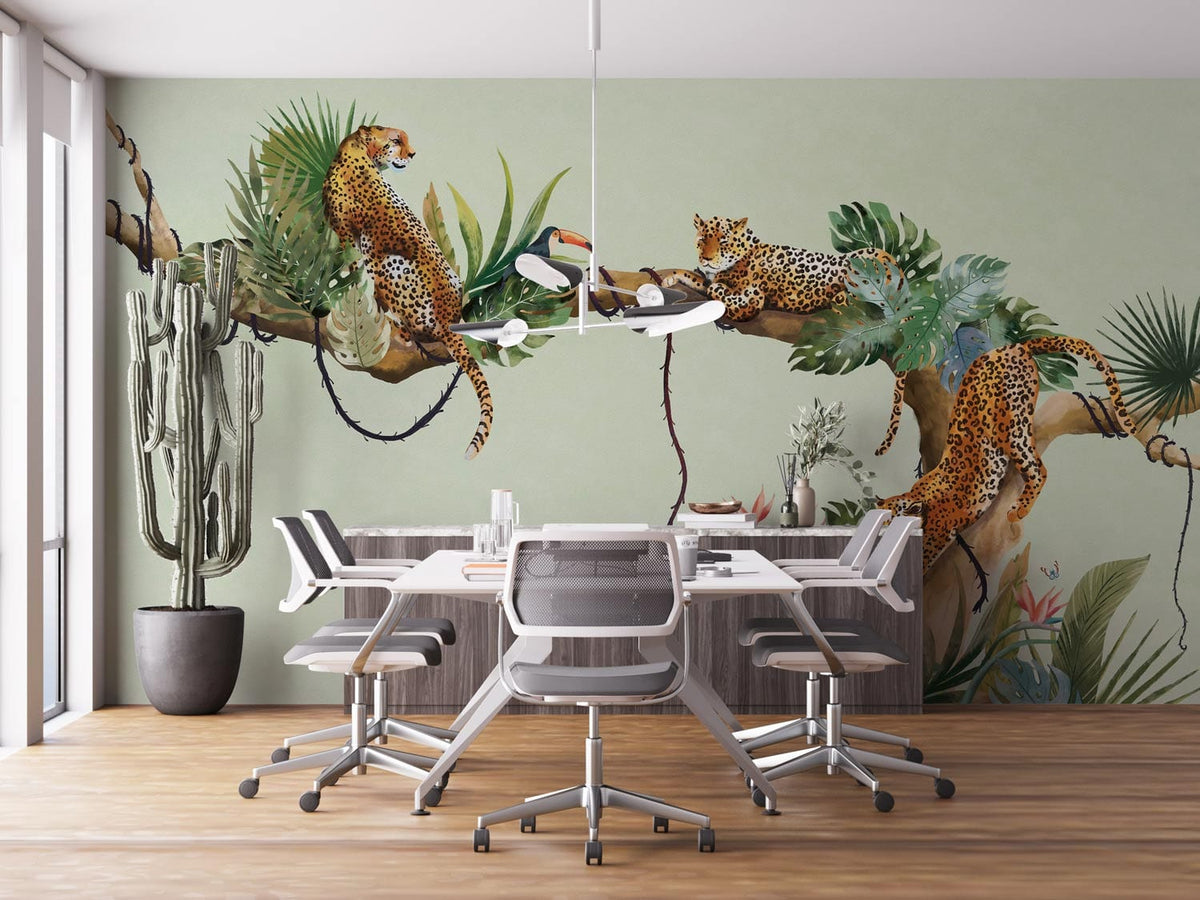 Tropical Jungle Safari Wallpaper with Leopards in office; grey chairs, wood floor, cactus decor.